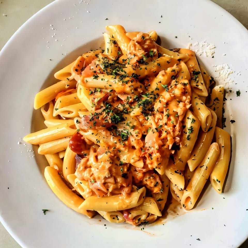 Penne pasta with creamy tomato sauce, chicken, and fresh parsley, served in a white bowl.