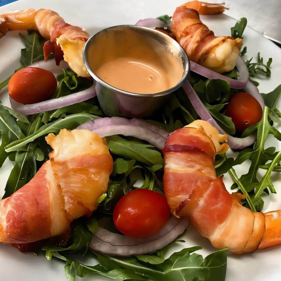Bacon-wrapped shrimp on a bed of arugula with cherry tomatoes, red onions, and a dipping sauce.